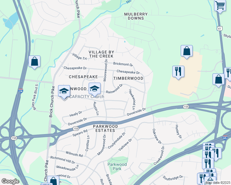 map of restaurants, bars, coffee shops, grocery stores, and more near 3265 Rainwood Drive in Nashville