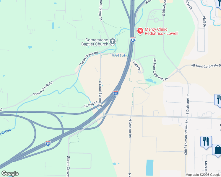 map of restaurants, bars, coffee shops, grocery stores, and more near 703 South Goad Springs Street in Lowell