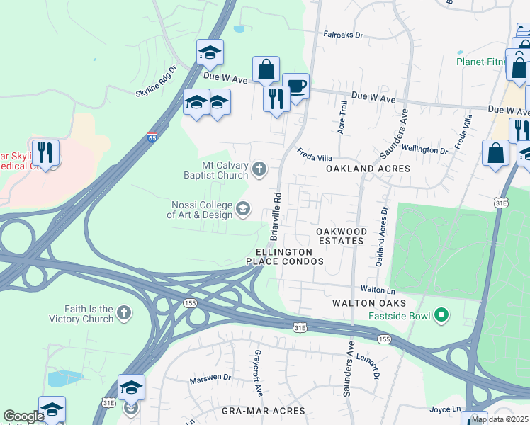 map of restaurants, bars, coffee shops, grocery stores, and more near 1310 Briarville Road in Nashville