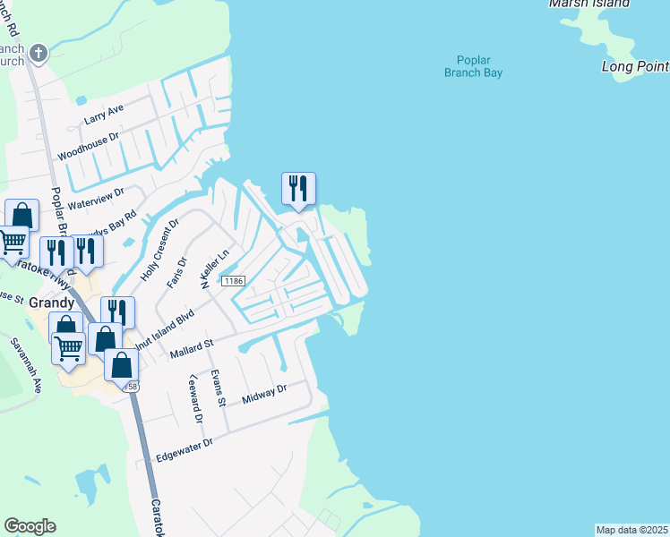 map of restaurants, bars, coffee shops, grocery stores, and more near 123 Inlet Lane in Grandy