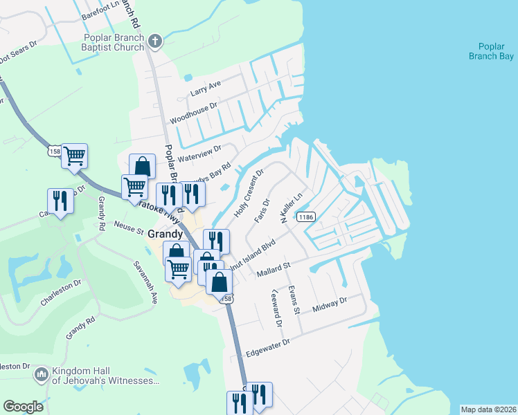 map of restaurants, bars, coffee shops, grocery stores, and more near 118-120 Faris Drive in Grandy