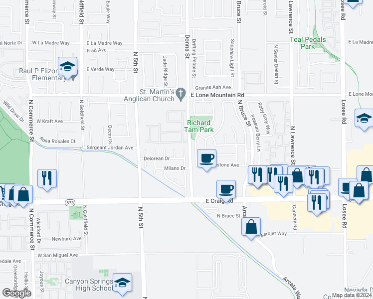 map of restaurants, bars, coffee shops, grocery stores, and more near 4818 Testarossa Lane in North Las Vegas