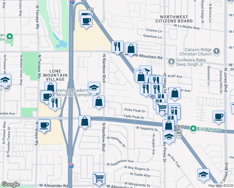 map of restaurants, bars, coffee shops, grocery stores, and more near 6608 Messenger Court in Las Vegas