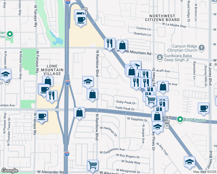 map of restaurants, bars, coffee shops, grocery stores, and more near 6612 Messenger Court in Las Vegas