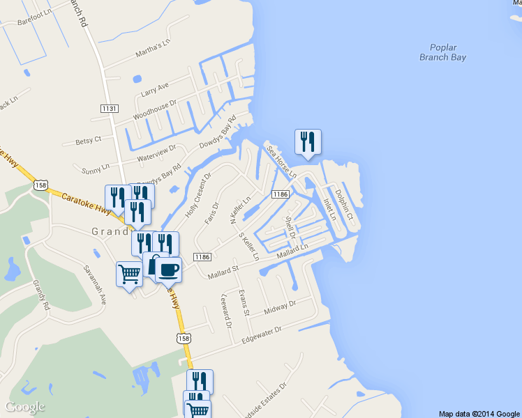 map of restaurants, bars, coffee shops, grocery stores, and more near 141 Walnut Island Boulevard in Grandy