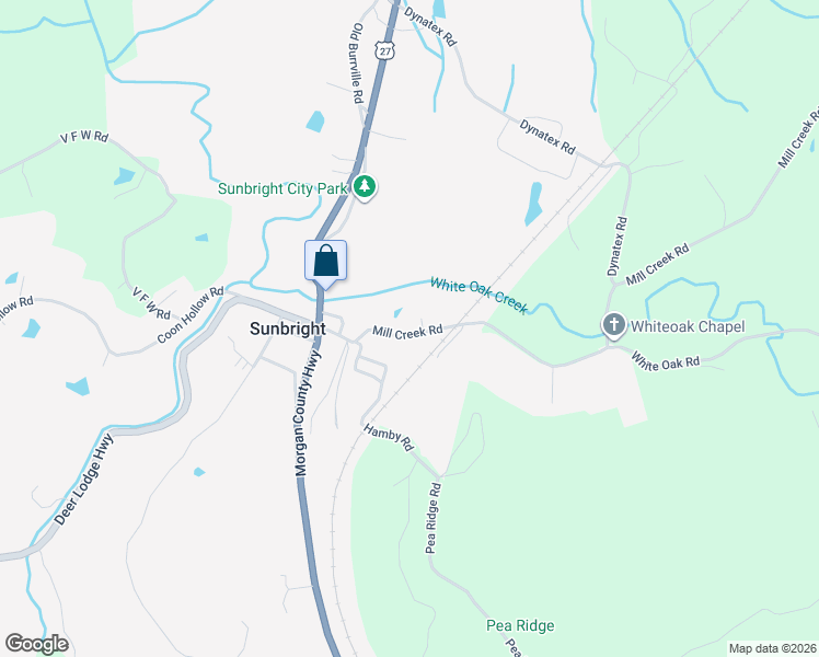 map of restaurants, bars, coffee shops, grocery stores, and more near 321 Mill Creek Road in Sunbright