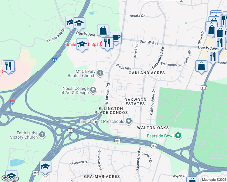 map of restaurants, bars, coffee shops, grocery stores, and more near 1331 Briarville Road in Nashville