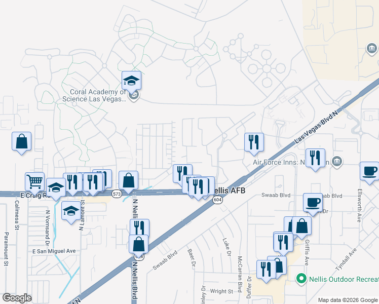 map of restaurants, bars, coffee shops, grocery stores, and more near 4536 Aviation Street in Las Vegas