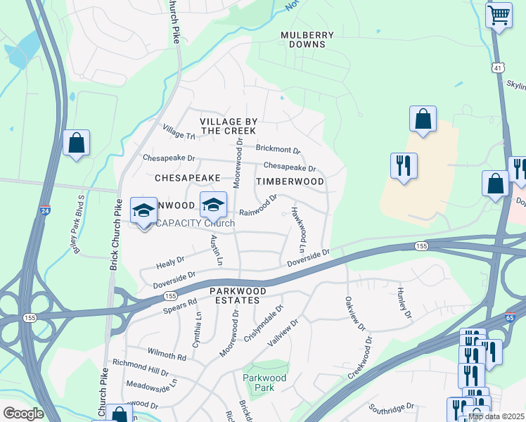 map of restaurants, bars, coffee shops, grocery stores, and more near 3261 Rainwood Drive in Nashville