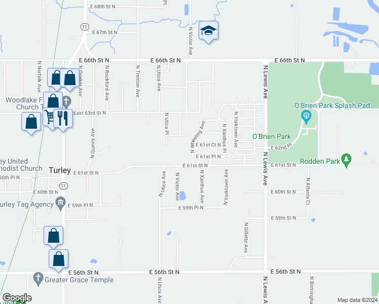 map of restaurants, bars, coffee shops, grocery stores, and more near 6110 North Wheeling Avenue in Tulsa