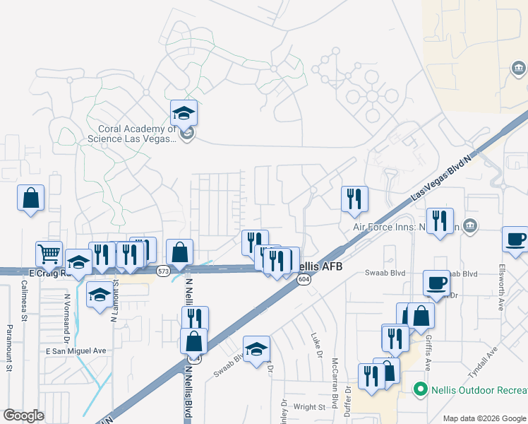 map of restaurants, bars, coffee shops, grocery stores, and more near 4536 Aviation Street in Las Vegas