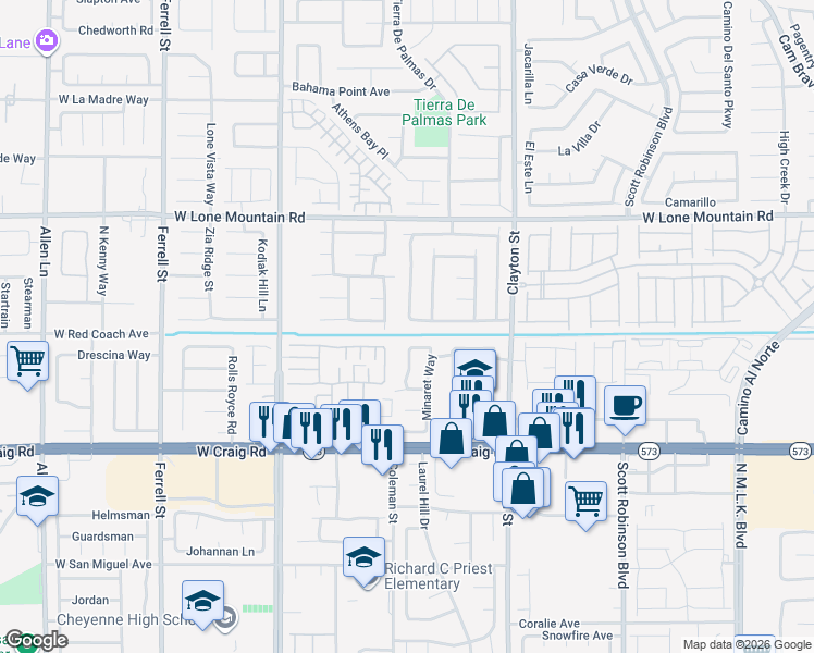 map of restaurants, bars, coffee shops, grocery stores, and more near 2320 High Uintas Drive in North Las Vegas