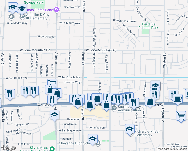 map of restaurants, bars, coffee shops, grocery stores, and more near 3132 Aristotle Avenue in North Las Vegas
