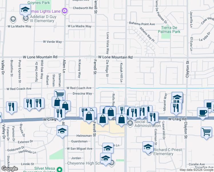 map of restaurants, bars, coffee shops, grocery stores, and more near 3132 Aristotle Avenue in North Las Vegas