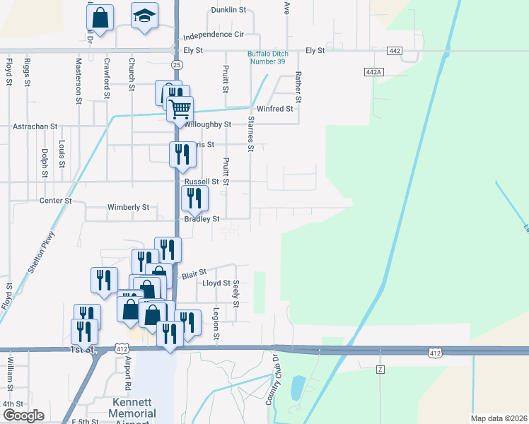 map of restaurants, bars, coffee shops, grocery stores, and more near 700 Starnes Street in Kennett
