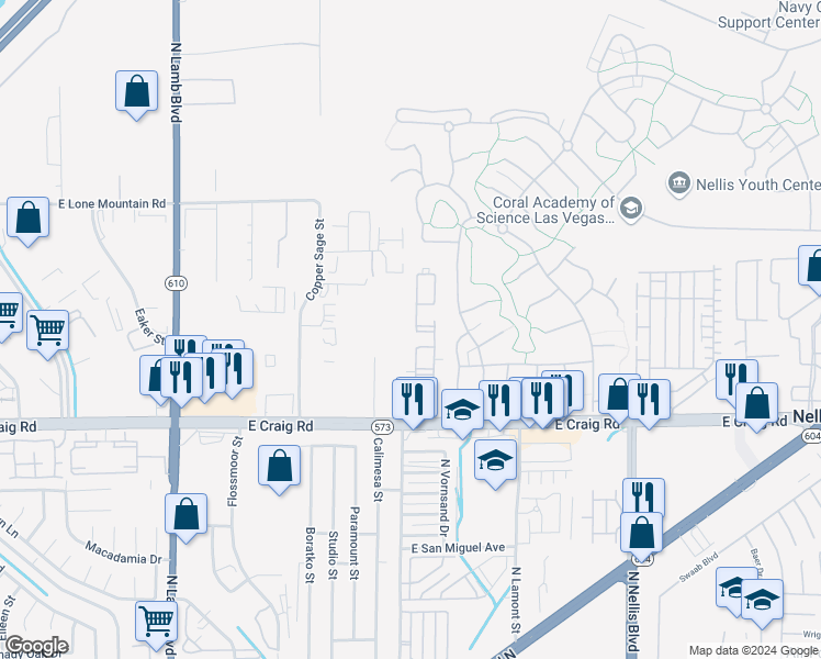 map of restaurants, bars, coffee shops, grocery stores, and more near 4730 East Craig Road in Las Vegas