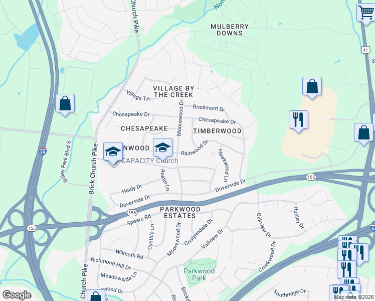 map of restaurants, bars, coffee shops, grocery stores, and more near 3292 Rainwood Drive in Nashville