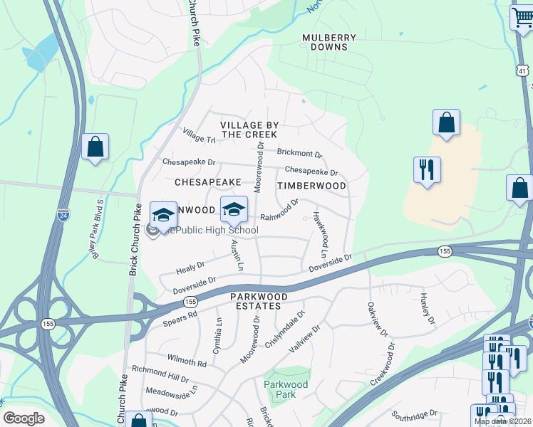 map of restaurants, bars, coffee shops, grocery stores, and more near 3294 Rainwood Drive in Nashville
