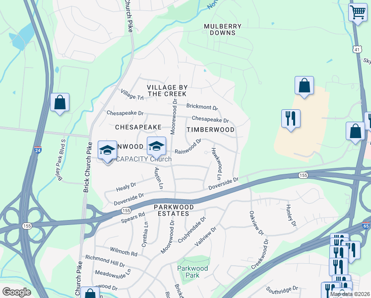 map of restaurants, bars, coffee shops, grocery stores, and more near 3284 Rainwood Drive in Nashville