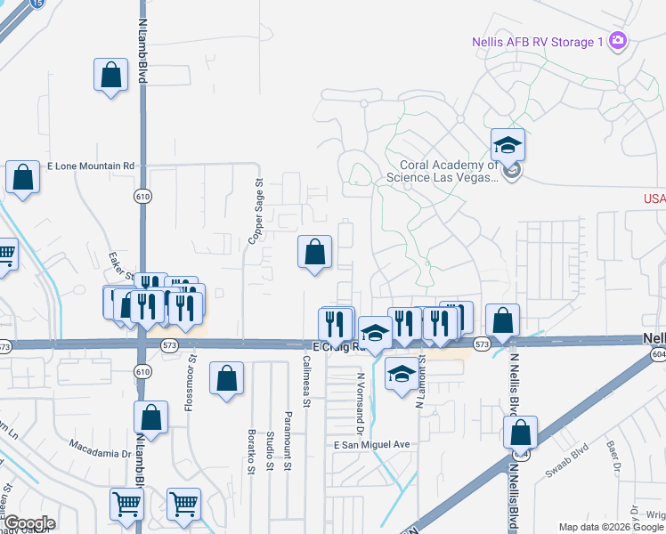 map of restaurants, bars, coffee shops, grocery stores, and more near 4730 East Craig Road in Las Vegas