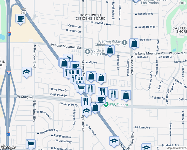 map of restaurants, bars, coffee shops, grocery stores, and more near 6240 Sierra Pines Court in Las Vegas