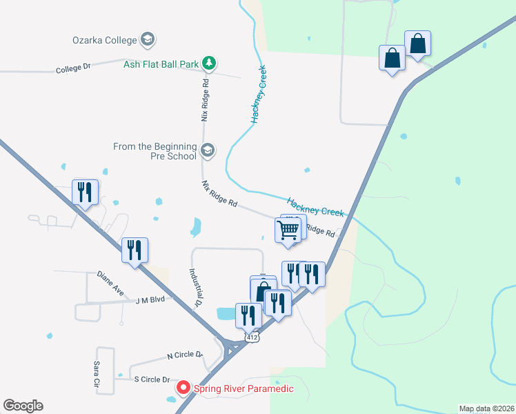 map of restaurants, bars, coffee shops, grocery stores, and more near 16 Nix Ridge Road in Ash Flat
