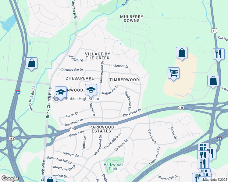map of restaurants, bars, coffee shops, grocery stores, and more near 3253 Rainwood Drive in Nashville