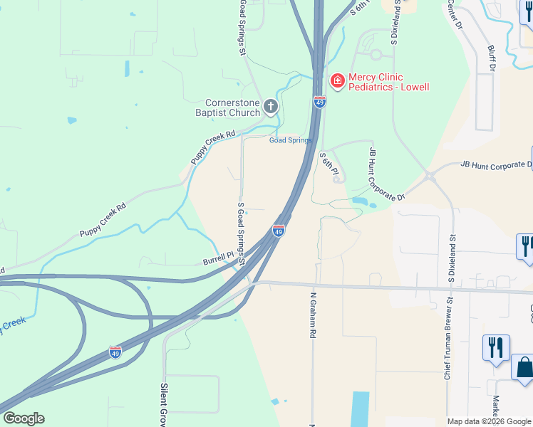 map of restaurants, bars, coffee shops, grocery stores, and more near 703 South Goad Springs Street in Lowell