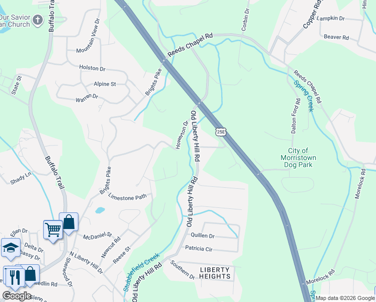 map of restaurants, bars, coffee shops, grocery stores, and more near 1901 Old Liberty Hill Road in Morristown