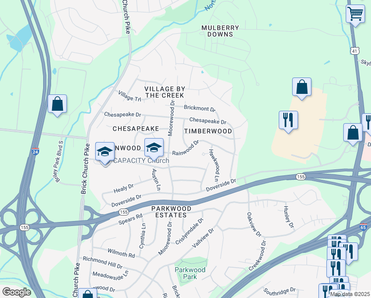 map of restaurants, bars, coffee shops, grocery stores, and more near 3280 Rainwood Drive in Nashville