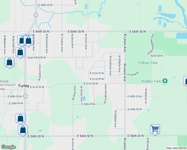 map of restaurants, bars, coffee shops, grocery stores, and more near 1919 East 61st Place North in Tulsa