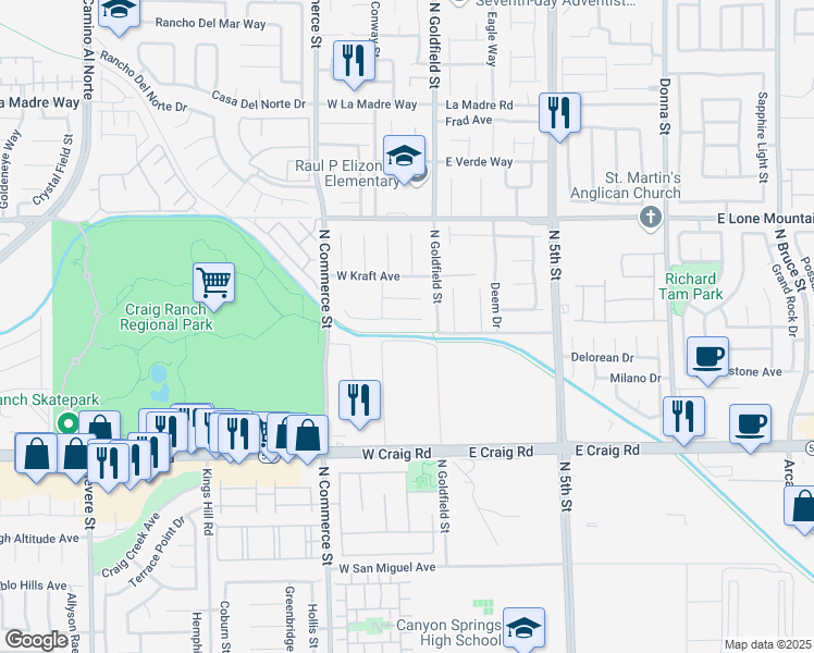 map of restaurants, bars, coffee shops, grocery stores, and more near 41 Rosa Rosales Court in North Las Vegas