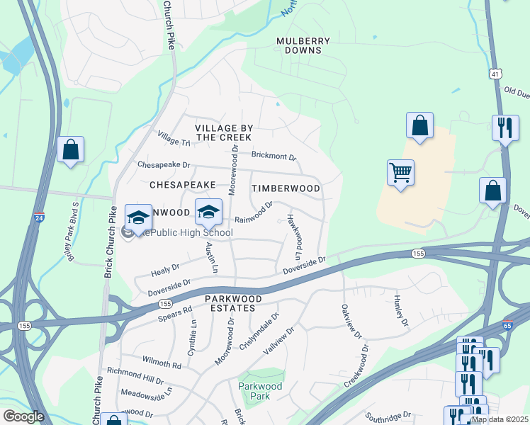 map of restaurants, bars, coffee shops, grocery stores, and more near 3249 Rainwood Drive in Nashville