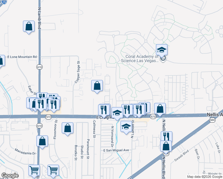 map of restaurants, bars, coffee shops, grocery stores, and more near 4730 East Craig Road in Las Vegas