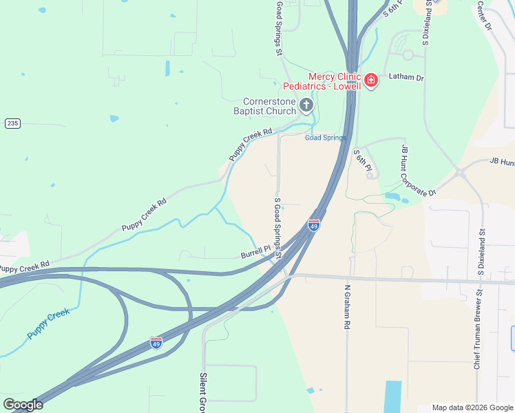 map of restaurants, bars, coffee shops, grocery stores, and more near 622 South Goad Springs Street in Lowell