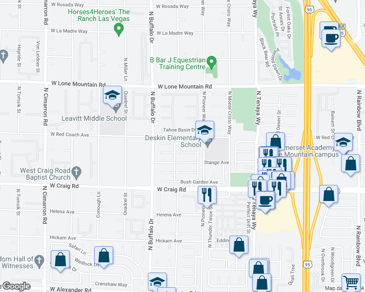 map of restaurants, bars, coffee shops, grocery stores, and more near 7425 Enchanted Hills Court in Las Vegas