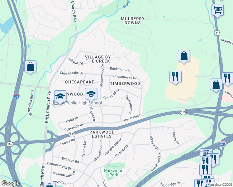 map of restaurants, bars, coffee shops, grocery stores, and more near 3245 Rainwood Drive in Nashville