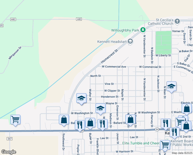 map of restaurants, bars, coffee shops, grocery stores, and more near 1008 Vine Street in Kennett