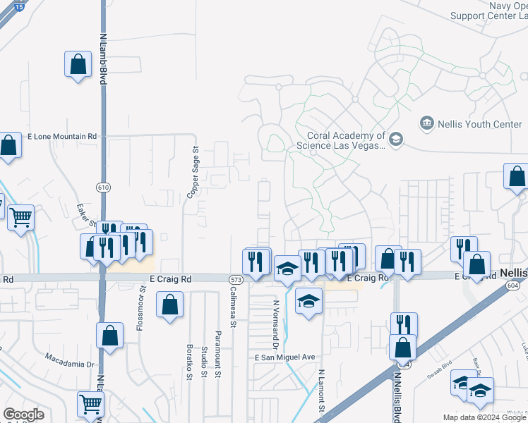 map of restaurants, bars, coffee shops, grocery stores, and more near 4730 East Craig Road in Las Vegas