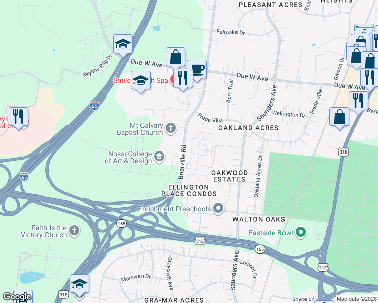 map of restaurants, bars, coffee shops, grocery stores, and more near 1331 Briarville Road in Nashville