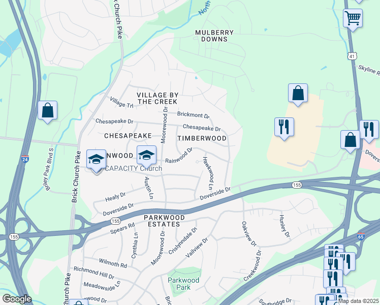 map of restaurants, bars, coffee shops, grocery stores, and more near 3241 Rainwood Drive in Nashville