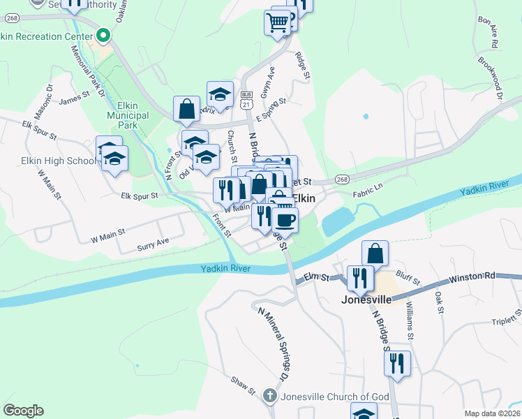 map of restaurants, bars, coffee shops, grocery stores, and more near 111 West Market Street in Elkin