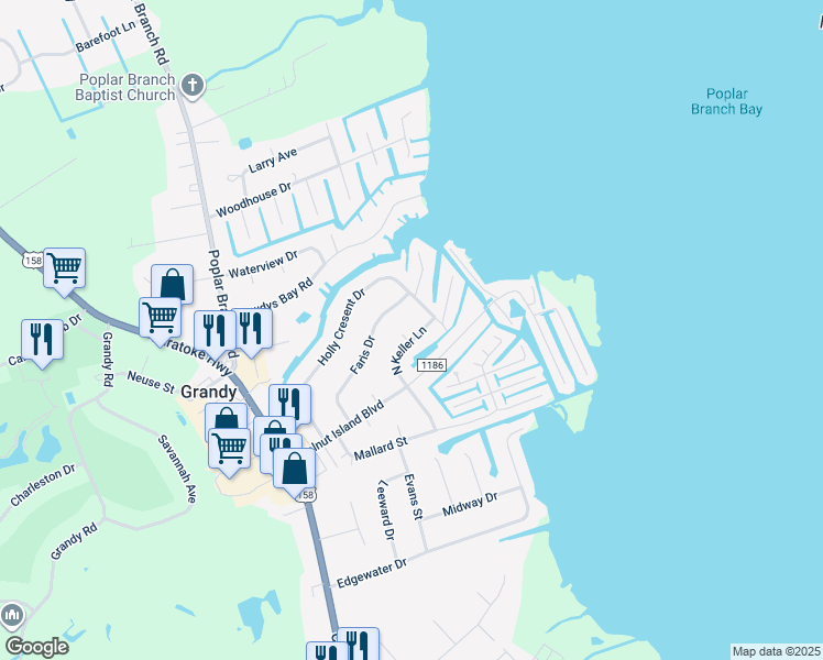 map of restaurants, bars, coffee shops, grocery stores, and more near 134 Faris Drive in Grandy