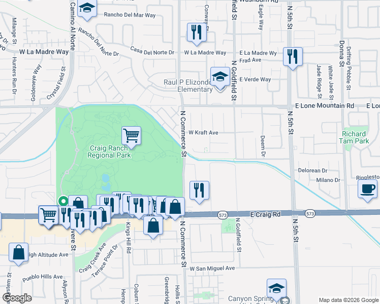 map of restaurants, bars, coffee shops, grocery stores, and more near 137 Rosa Rosales Court in North Las Vegas