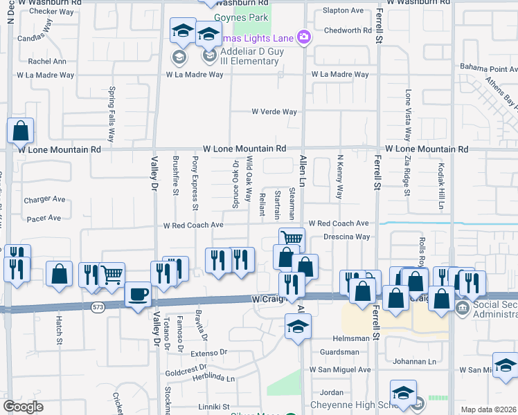 map of restaurants, bars, coffee shops, grocery stores, and more near 4619 Reliant in North Las Vegas