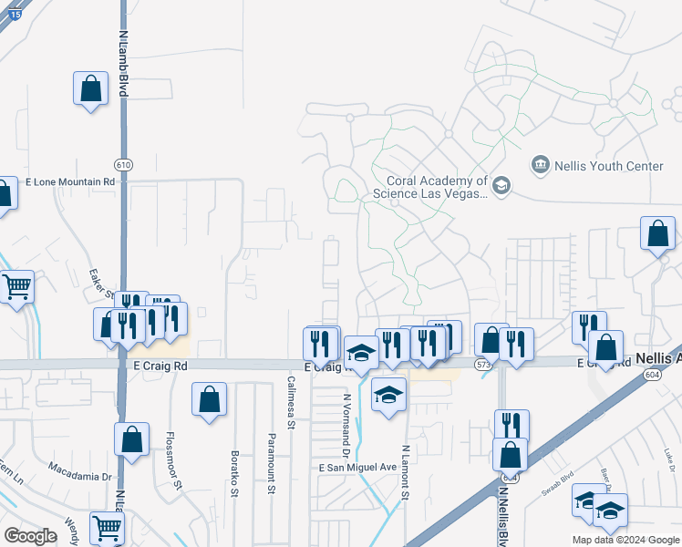 map of restaurants, bars, coffee shops, grocery stores, and more near 4730 East Craig Road in Las Vegas