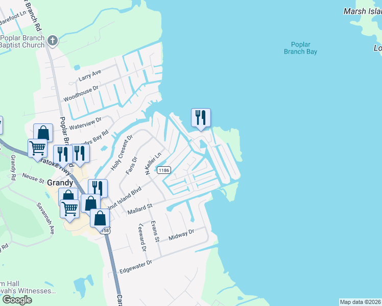 map of restaurants, bars, coffee shops, grocery stores, and more near 157-159 Walnut Island Blvd in Grandy