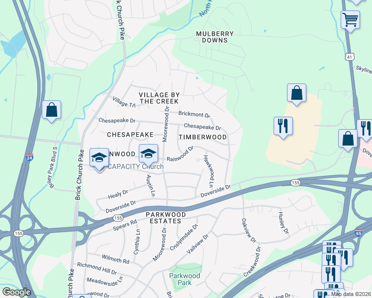 map of restaurants, bars, coffee shops, grocery stores, and more near 3272 Rainwood Drive in Nashville