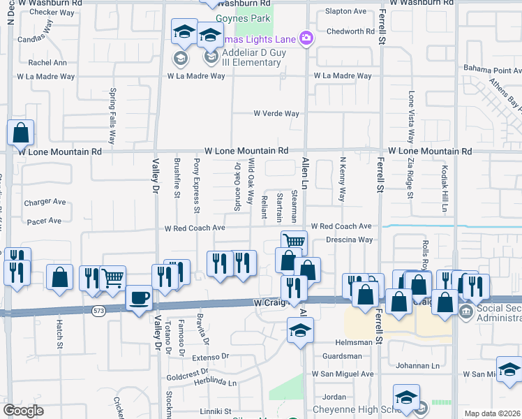 map of restaurants, bars, coffee shops, grocery stores, and more near 4634 Wild Oak in North Las Vegas