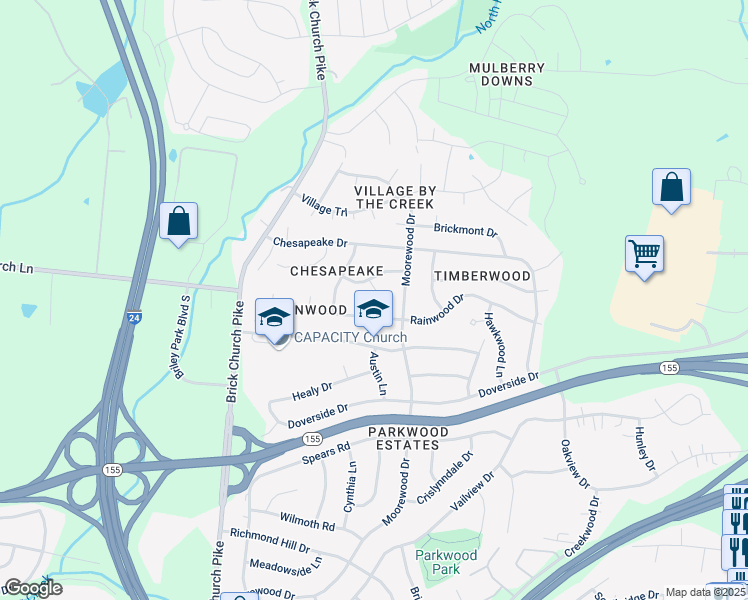 map of restaurants, bars, coffee shops, grocery stores, and more near 20 Fawnwood Court in Nashville
